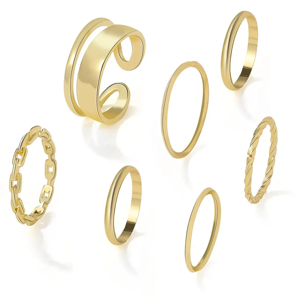 Chic Geometric Stackable Ring Set – 7-Piece Alloy Combination