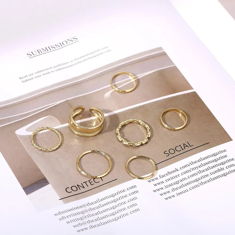 Chic Geometric Stackable Ring Set – 7-Piece Alloy Combination
