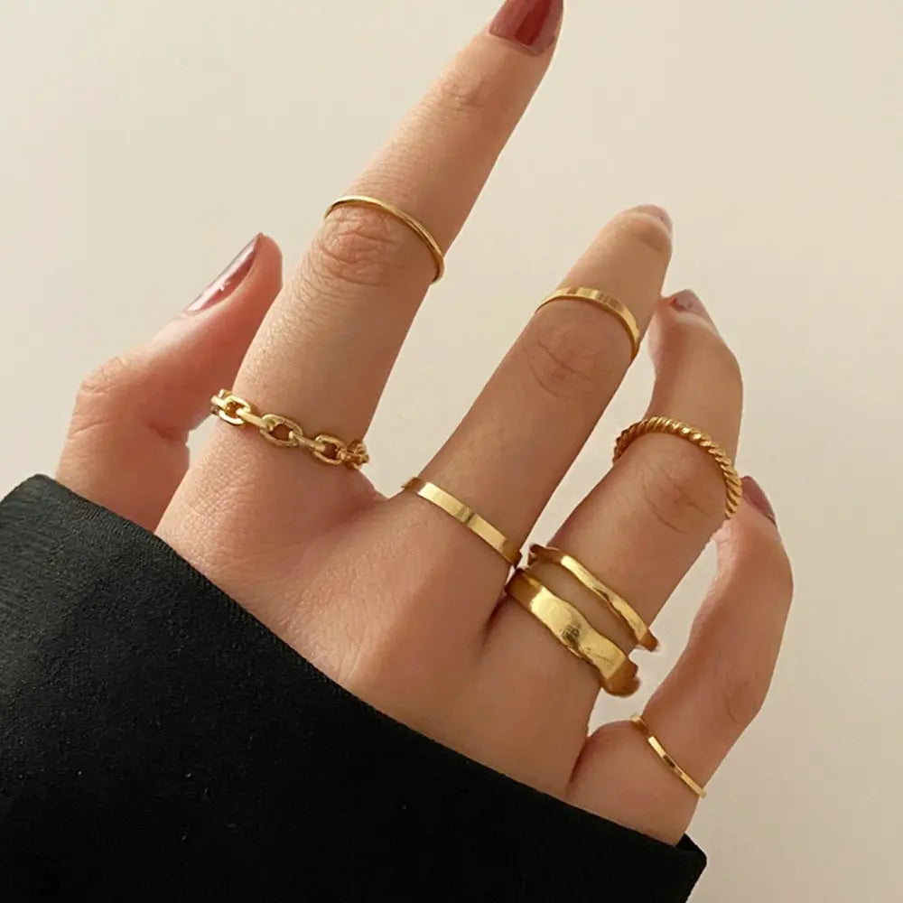 Chic Geometric Stackable Ring Set – 7-Piece Alloy Combination